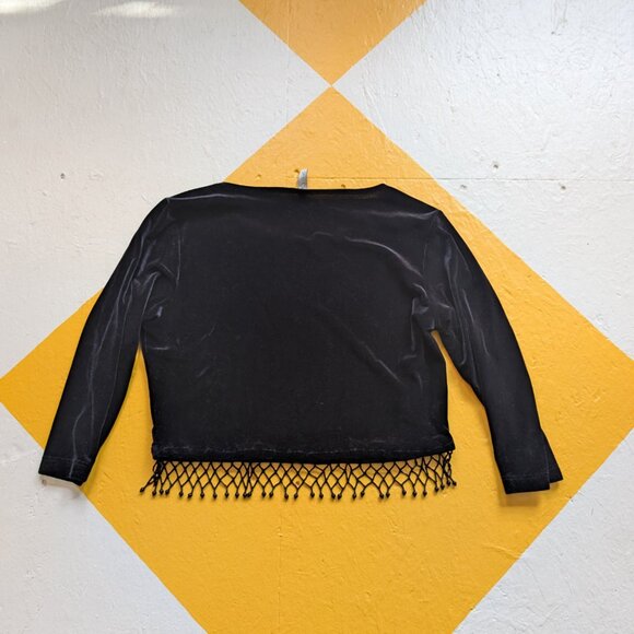 Vintage Y2K Fall Witchy Stretch Velvet Crop Top Bead Fringe Quarter Sleeve - Picture 4 of 9